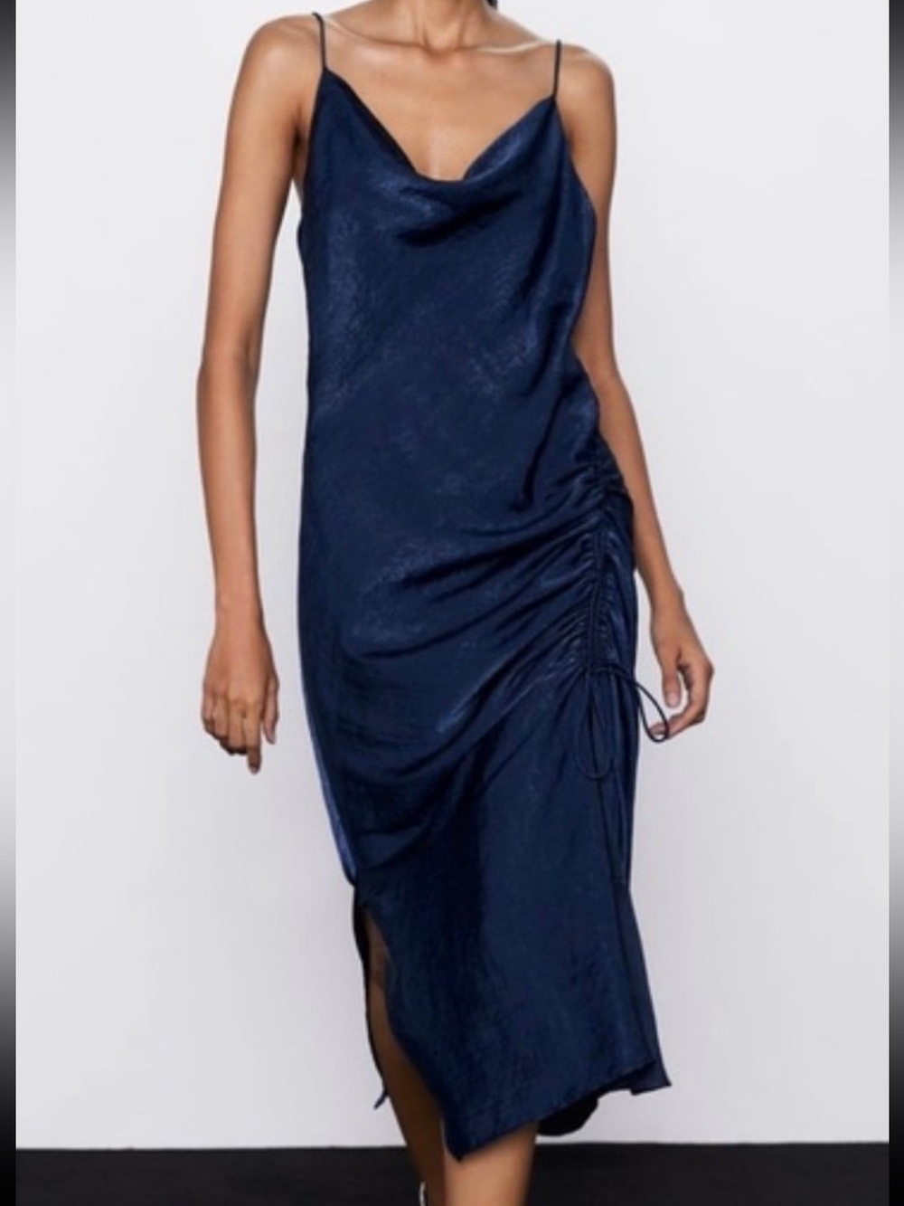 Zara Navy Cowl-Neck Midi Slip Dress with Side Drawstring